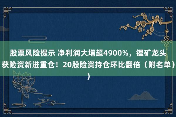 股票风险提示 净利润大增超4900%，锂矿龙头获险资新进重仓！20股险资持仓环比翻倍（附名单）